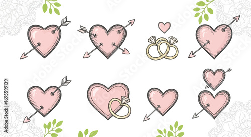 Hand-drawn romantic illustration featuring hearts, arrows and wedding rings, perfect for