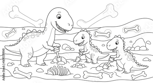 Happy dinosaurs excavating bones together in a prehistoric landscape outline art
