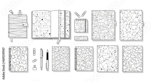 Hand-drawn monochrome stationery collection featuring notebooks, pens, and paper clips on white
