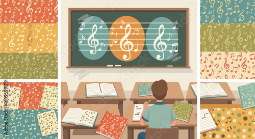 Illustration depicting a student taking a music class with musical notes and educational materials