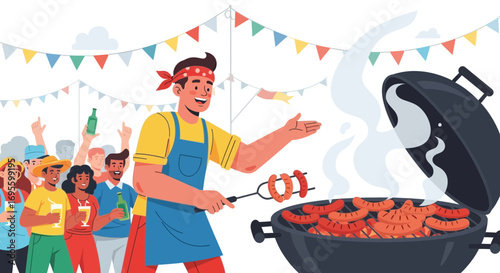 Illustration of a happy man grilling sausages at an outdoor party with friends
