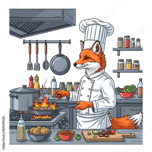 A fox chef in a kitchen, preparing food over a stove.