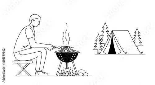 Minimalist camping scene with barbecue grill and tent illustration in black and white design