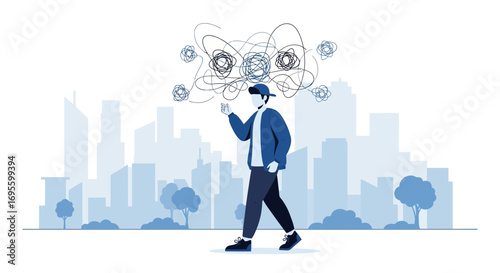 Man with tangled thoughts walking through city landscape, illustrating mental health challenges
