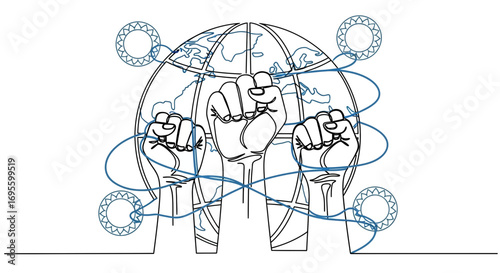 One line drawing of fists raised in protest symbolizing global unity and interconnectedness of