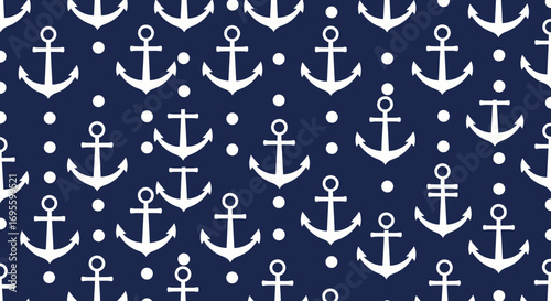 Nautical themed seamless pattern with white anchors and dots on dark blue background evokes