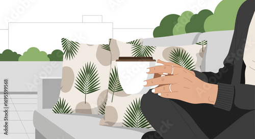 Relaxing coffee break on a terrace surrounded by palm leaf pillows and greenery urban lifestyle