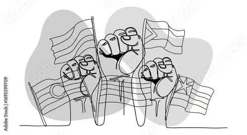 Symbolic illustration of unity and solidarity showing raised fists and diverse flags minimalist
