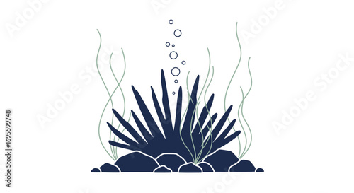 Underwater flora illustration with seaweed rocks and bubbles creates calming atmosphere
