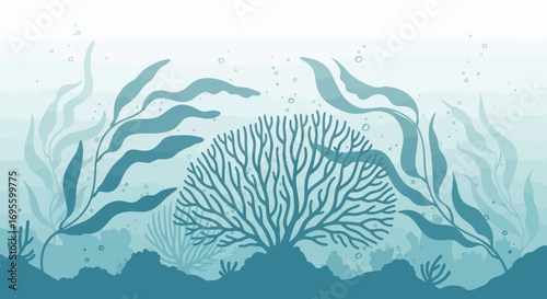 Underwater marine life vector illustration with seaweed and coral reef ecosystem showing aquatic