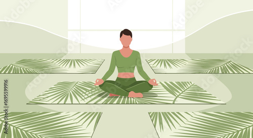 Woman practicing yoga in a studio on a patterned mat in a calm and serene environment