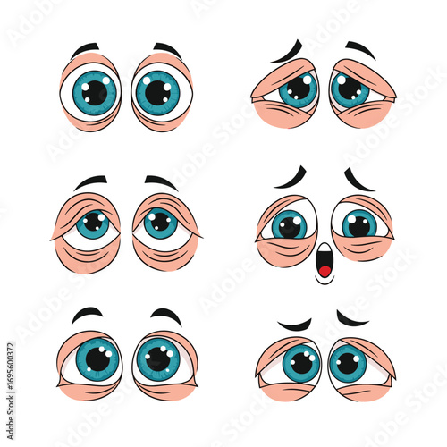 Expressive cartoon eyes show various emotions like surprise, sadness, and curiosity for animation