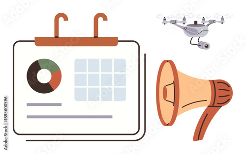 Calendar with chart and grid, Quadcopter with camera, and megaphone represent event planning, technology usage, communication, marketing, analytics, innovation and efficiency. Ideal for simple flat