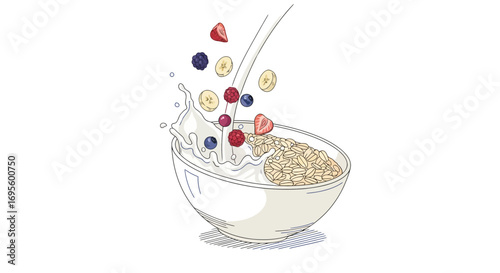 A Vibrant Illustration of Oatmeal with Milk and Fresh Berries for Healthy Breakfast