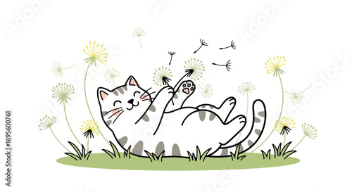 A Whimsical Feline Fantasy: A Cartoon Cat's Delightful Dandelion Daydream in the Meadow