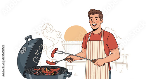 A cheerful man grilling sausages on a barbecue enjoying an outdoor cooking in summer