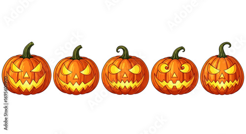 A row of five cartoon jack o lanterns with different expressions on a white background halloween theme ai generated