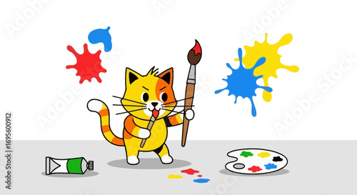 Cartoon cat artist with paintbrush and colorful splatters creating playful artwork for children