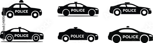 Six police car silhouettes featuring emergency lights and distinctive designs bundle silhouette