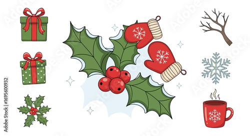 Charming Cartoon Winter Holiday Elements Collection Featuring Gifts, Holly, and Warm Accessories