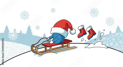 Cartoon illustration of a santa claus figure sledding down a snowy hill in winter with his boots