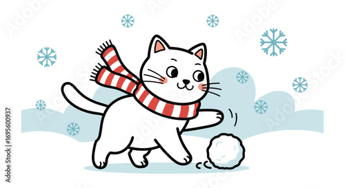 Charming cartoon cat enjoys a snowy day playing with a snowball wearing a cozy scarf