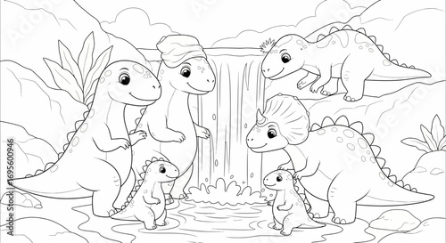Charming Dinosaur Family Gathering Illustration in a Prehistoric Waterfall Setting with Rocks