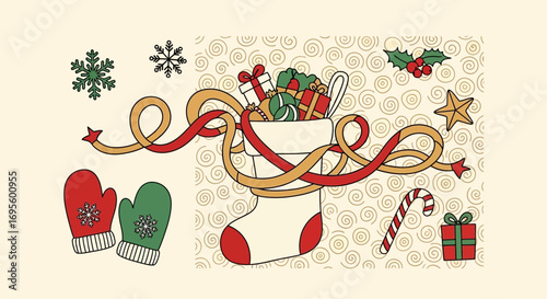 Charming christmas illustration featuring stocking with gifts and festive elements doodle