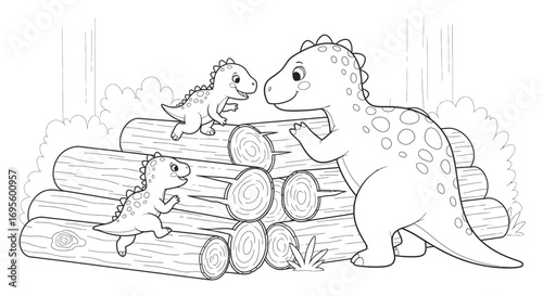 Charming Cartoon Dinosaurs Playing on a Stack of Logs in a Forest Outlined Illustration