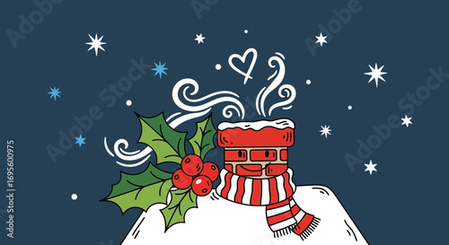 Charming winter scene with a cozy chimney, holly berries, and snowfall under a dark sky depicting