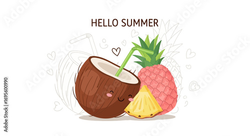 Cheerful summer vibes with cute tropical fruits illustration, a coconut drink and pineapple