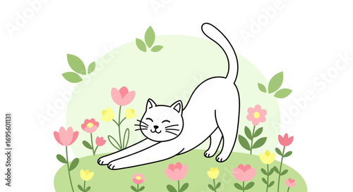 Cute white cat stretching among spring flowers enjoying the warm weather in nature
