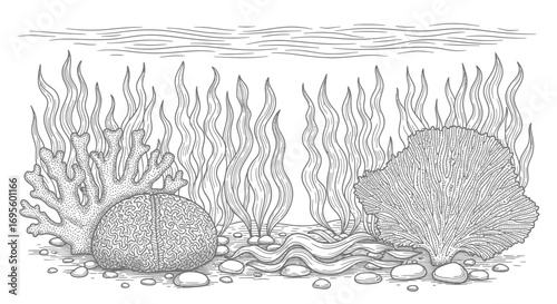 Detailed underwater scene illustration featuring coral reefs and seaweed on the ocean floor