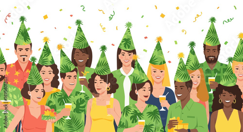 Festive Tropical Party Illustration: Group of People Celebrating with Green Party Hats and Confetti
