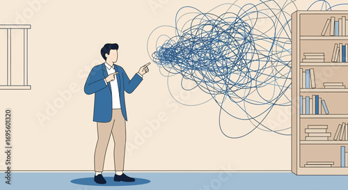 Illustration depicting a man pointing to a chaotic mess symbolizing confusion and mental health