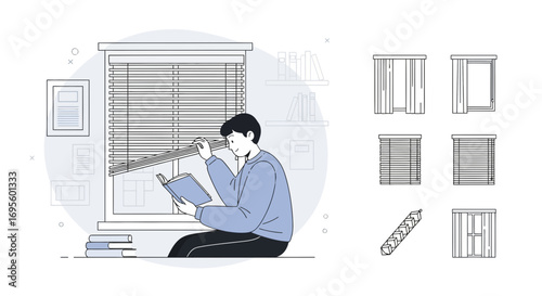 Illustration depicting a person reading a book by the window with various window styles displayed
