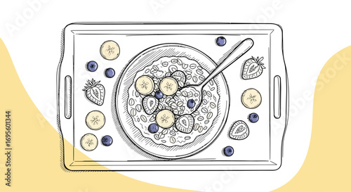 Illustration of a breakfast bowl with fruit and granola on a tray minimalistic drawing style