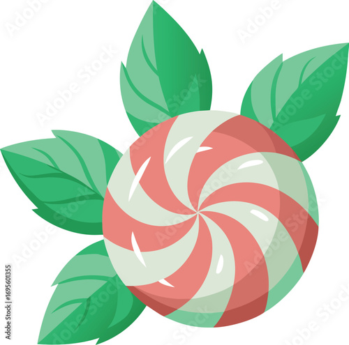Sweet Swirl Peppermint Candy Surrounded by Fresh Mint Leaves for a Refreshing Treat
