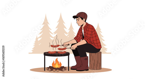 Illustration of a man grilling sausages over a campfire in the woods enjoying a relaxing evening