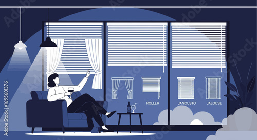Illustration of a woman in her apartment enjoying wine near the window showing different types of