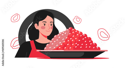 Illustration of a woman with red caviar, showcasing culinary art and luxury foods concept, in