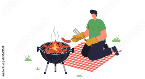 Man grilling sausages on a barbecue outdoors, enjoying a picnic in the summer season and beautiful