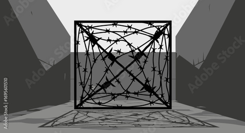 Monochromatic barbed wire barrier illustrating imprisonment, conflict, and restricted areas