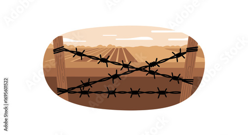 Minimalist barbed wire fence on a farm with a sepia toned landscape background farm fence