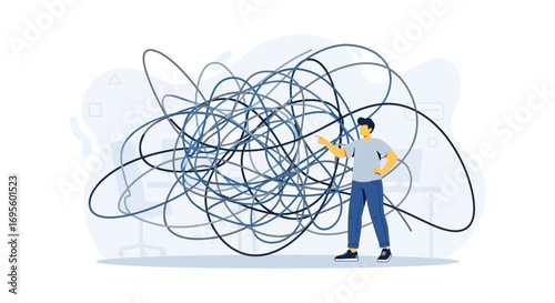 Man pointing at a tangled mess representing complexity and confusion in project management and