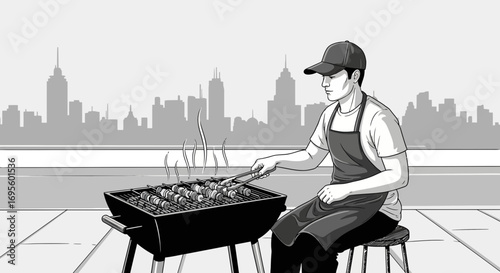 Monochromatic drawing showcasing a man grilling kebabs on a rooftop with city view