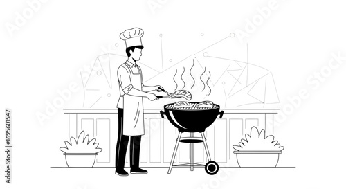 Monochrome illustration of a chef grilling steaks on a barbecue for outdoor cooking event