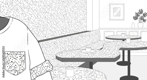 Monochrome Restaurant Interior with Geometric Patterned Décor and Apparel Illustration