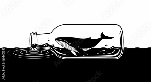 Monochrome illustration of a whale trapped in a bottle floating in the ocean conveys the theme of