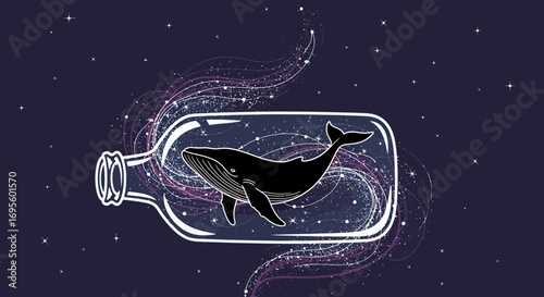 Mystical Whale Inside Glass Bottle Artwork with Celestial Elements and Dreamy Feel
